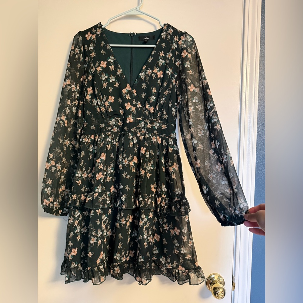 Lulu's Dark Green Dress with Shear Sleeves